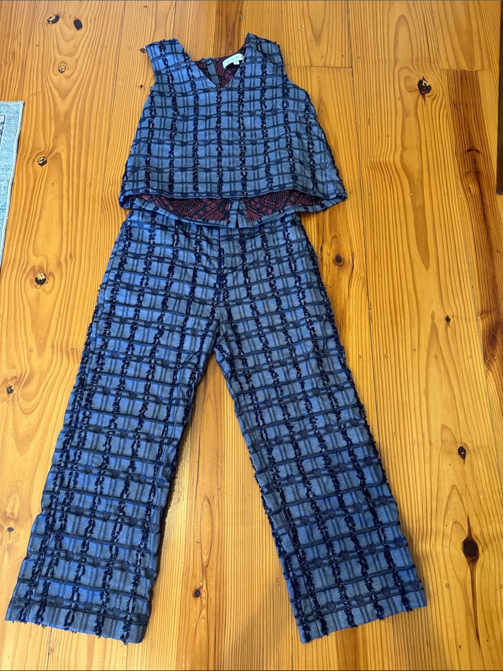 Textured Blue Plaid Wide-Leg Pants Set- Women's